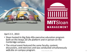 02/10/2019 Enrico Viceconte, 2016 42
April 2-3 , 2013
• Sloan hosted its Big Data 4Dx executive education program
both on the Avaya 2d Life platform and in-person on the
Cambridge campus.
• The virtual event featured the same faculty, content,
discussions, and exercises and was conducted simultaneously
with the on-campus program.
 