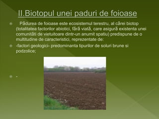  Pădurea de foioase este ecosistemul terestru, al cărei biotop
(totalitatea factorilor abiotici, fără viată, care asigură existenta unei
comunităti de vietuitoare dintr-un anumit spatiu) predispune de o
multitudine de caracteristici, reprezentate de:
 -factori geologici- predominanta tipurilor de soluri brune si
podzolice;
 -
 