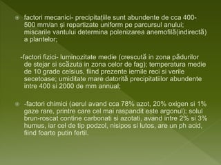  factori mecanici- precipitațiile sunt abundente de cca 400-
500 mm/an și repartizate uniform pe parcursul anului;
miscarile vantului determina polenizarea anemofilă(indirectă)
a plantelor;
-factori fizici- luminozitate medie (crescută in zona pădurilor
de stejar si scăzuta in zona celor de fag); temperatura medie
de 10 grade celsius, fiind prezente iernile reci si verile
secetoase; umiditate mare datorită precipitatiilor abundente
intre 400 si 2000 de mm annual;
 -factori chimici (aerul avand cca 78% azot, 20% oxigen si 1%
gaze rare, printre care cel mai raspandit este argonul); solul
brun-roscat contine carbonati si azotati, avand intre 2% si 3%
humus, iar cel de tip podzol, nisipos si lutos, are un ph acid,
fiind foarte putin fertil.
 