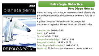 Como estrategia didáctica, es recomendable ir viendo a la
par de la presentación el documental de Polo a Polo de la
BBC.
Aquí les comparto la distribución de tiempo del
documental según los Biomas Terrestres allí mostrados.
Introducción: 00:00 a 1:40
Polos: 1:40 a 6:50
Tundra: 6:50 a 12:05
Bosque Boreal o Taiga: 12:05 a 13:53
Bosque Caducifolio: 13:53 a 21:03
Selva Tropical o Pluviselva: 21:03 a 24:25
Desiertos: 29:24 hasta terminar con la pradera africana
Estrategia Didáctica
Por: Diego Gómez