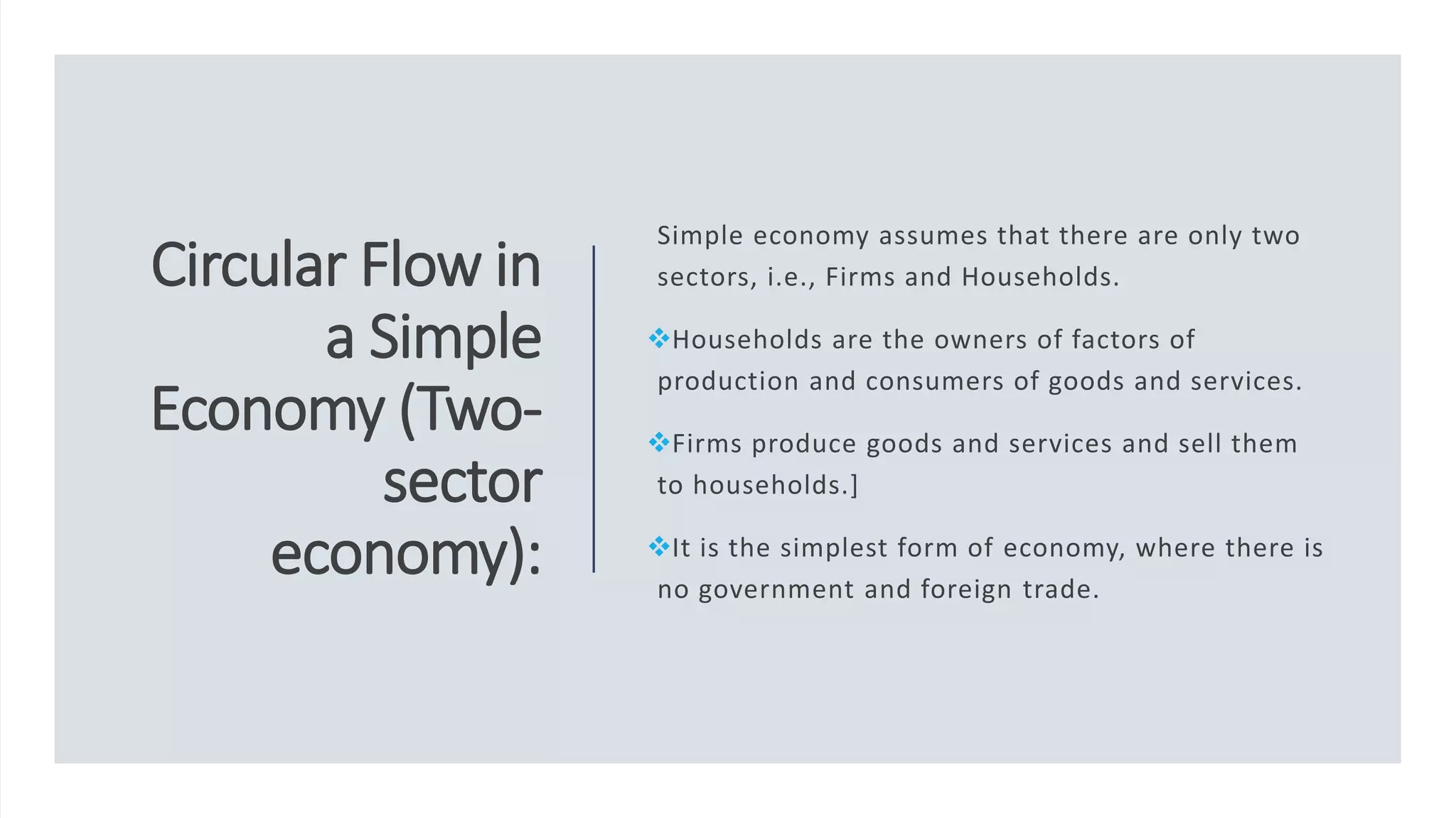 Circular Flow in
a Simple
Economy (Two-
sector
economy):
Simple economy assumes that there are only two
sectors, i.e., Firms and Households.
Households are the owners of factors of
production and consumers of goods and services.
Firms produce goods and services and sell them
to households.]
It is the simplest form of economy, where there is
no government and foreign trade.
 