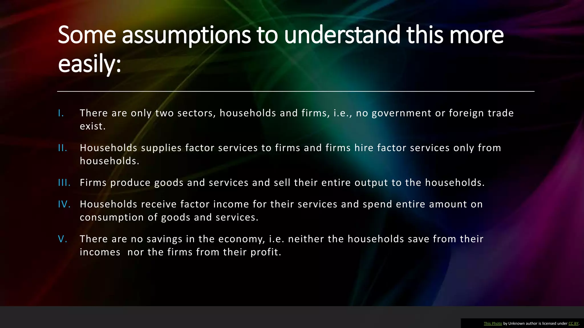 Some assumptions to understand this more
easily:
I. There are only two sectors, households and firms, i.e., no government or foreign trade
exist.
II. Households supplies factor services to firms and firms hire factor services only from
households.
III. Firms produce goods and services and sell their entire output to the households.
IV. Households receive factor income for their services and spend entire amount on
consumption of goods and services.
V. There are no savings in the economy, i.e. neither the households save from their
incomes nor the firms from their profit.
This Photo by Unknown author is licensed under CC BY.
 