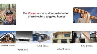 The Recipe works as demonstrated on
these NetZero targeted homes!
Paulo & Adriana
Kent &Darcy
Murray & Joanne Taylor & Orishia
Michael & Joanne
