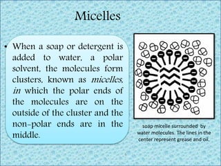 Micelles
• When a soap or detergent is
added to water, a polar
solvent, the molecules form
clusters, known as micelles,
in which the polar ends of
the molecules are on the
outside of the cluster and the
non-polar ends are in the
middle.
6
soap micelle surrounded by
water molecules. The lines in the
center represent grease and oil.
 