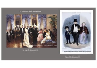 Le triomphe de la bourgeoisie
La grande bourgeoisie
La petite bourgeoisie
Jean Georges Béraud Soirée Mondaine, 1878
Série Les Bons Bourgeois, caricature de Daumier
 