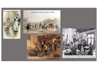 Une bourgeoise et sa bonne
Un logement ouvrier. La famille vit dans une seule pièce.
Promenade au bois de Boulogne en 1855
Lhermitte La Paye des moissonneurs, 1882.
 