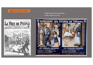 • 1884 Autorisation des syndicats.
• 1895 Création de la CGT.
Journal de la CGT fondé en 1900
Organiser les luttes sociales
 