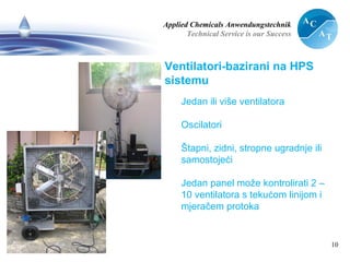 Applied Chemicals Anwendungstechnik
Technical Service is our Success
10
Ventilatori-bazirani na HPS
sistemu
Jedan ili više ventilatora
Oscilatori
Štapni, zidni, stropne ugradnje ili
samostojeći
Jedan panel može kontrolirati 2 –
10 ventilatora s tekućom linijom i
mjeračem protoka
 