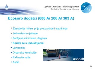 Applied Chemicals Anwendungstechnik
Technical Service is our Success
16
Ecosorb dodatci (606 A/ 206 A/ 303 A)
• Zaustavlja mirise prije proizvodnje i isputšanja
• Jednostavno rješenje
• Zahtijeva minimalna ulaganja
• Koristi se u industrijama:
• Ljevaonice
• Organske kemikalije
• Rafinerije nafte
• Asfalt
 