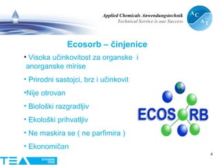 Applied Chemicals Anwendungstechnik
Technical Service is our Success
4
• Visoka učinkovitost za organske i
anorganske mirise
• Prirodni sastojci, brz i učinkovit
•Nije otrovan
• Biološki razgradljiv
• Ekološki prihvatljiv
• Ne maskira se ( ne parfimira )
• Ekonomičan
Ecosorb – činjenice
 