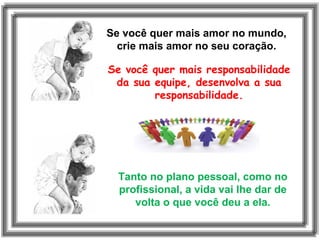 Se você quer mais amor no mundo,
crie mais amor no seu coração.
Se você quer mais responsabilidade
da sua equipe, desenvolva a sua
responsabilidade.
Tanto no plano pessoal, como no
profissional, a vida vai lhe dar de
volta o que você deu a ela.
 