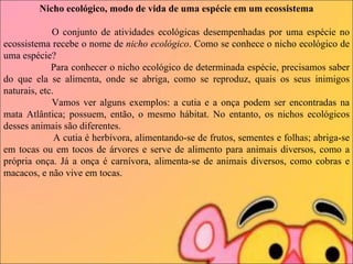 Nicho ecológico, modo de vida de uma espécie em um ecossistema                     O conjunto de atividades ecológicas desempenhadas por uma espécie no ecossistema recebe o nome de  nicho   ecológico . Como se conhece o nicho ecológico de uma espécie?                     Para conhecer o nicho ecológico de determinada espécie, precisamos saber do que ela se alimenta, onde se abriga, como se reproduz, quais os seus inimigos naturais, etc.                     Vamos ver alguns exemplos: a cutia e a onça podem ser encontradas na mata Atlântica; possuem, então, o mesmo hábitat. No entanto, os nichos ecológicos desses animais são diferentes.                      A cutia é herbívora, alimentando-se de frutos, sementes e folhas; abriga-se em tocas ou em tocos de árvores e serve de alimento para animais diversos, como a própria onça. Já a onça é carnívora, alimenta-se de animais diversos, como cobras e macacos, e não vive em tocas. 