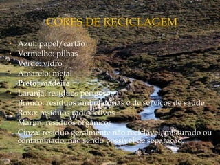 • Azul: papel/cartão
• Vermelho: pilhas
• Verde: vidro
• Amarelo: metal
• Preto: madeira
• Laranja: resíduos perigosos
• Branco: resíduos ambulatórias e de serviços de saúde
• Roxo: resíduos radioactivos
• Marim: resíduos orgânicos
• Cinza: resíduo geralmente não reciclável, misturado ou
contaminado, não sendo possível de separação.
 