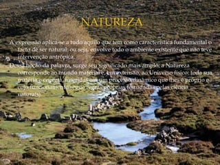 A expressão aplica-se a tudo aquilo que tem como característica fundamental o
facto de ser natural: ou seja, envolve todo o ambiente existente que não teve
intervenção antrópica.
Dessa noção da palavra, surge seu significado mais amplo: a Natureza
corresponde ao mundo material e, em extensão, ao Universo físico: toda sua
matéria e energia, inseridas em um processo dinâmico que lhes é próprio e
cujo funcionamento segue regras próprias (estudadas pelas ciência
naturais).
 