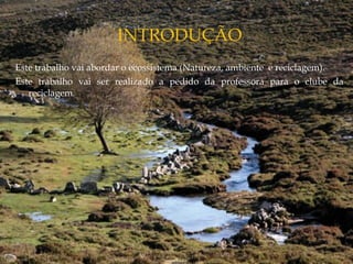 Este trabalho vai abordar o ecossistema (Natureza, ambiente e reciclagem).
Este trabalho vai ser realizado a pedido da professora para o clube da
reciclagem.
 