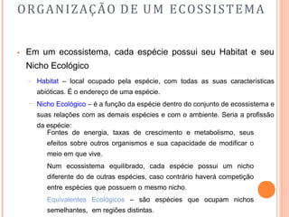 ORGANIZAÇÃO DE UM ECOSSISTEMA
• Em um ecossistema, cada espécie possui seu Habitat e seu
Nicho Ecológico
–
– Habitat – local ocupado pela espécie, com todas as suas características
abióticas. É o endereço de uma espécie.
Nicho Ecológico – é a função da espécie dentro do conjunto de ecossistema e
suas relações com as demais espécies e com o ambiente. Seria a profissão
da espécie:
Fontes de energia, taxas de crescimento e metabolismo, seus
efeitos sobre outros organismos e sua capacidade de modificar o
meio em que vive.
Num ecossistema equilibrado, cada espécie possui um nicho
diferente do de outras espécies, caso contrário haverá competição
entre espécies que possuem o mesmo nicho.
Equivalentes Ecológicos – são espécies que ocupam nichos
semelhantes, em regiões distintas.
 