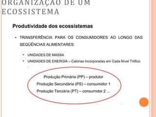 ORGANIZAÇÃO DE UM
ECOSSISTEMA
Produtividade dos ecossistemas
• TRANSFERÊNCIA PARA OS CONSUMIDORES AO LONGO DAS
SEQÜÊNCIAS ALIMENTARES:
•
•
UNIDADES DE MASSA
UNIDADES DE ENERGIA – Calorias Incorporadas em Cada Nível Trófico
Produção Primária (PP) – produtor
Produção Secundária (PS) – consumidor 1
Produção Terciária (PT) – consumidor 2 ...
 