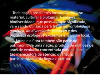       Toda nação possui três formas de riqueza: material, cultural e biológica. A palavra biodiversidade, que possui amplo significado, vem sendo utilizada para tratar da variabilidade genética, da diversidade biológica e dos processos ecológicos existentes em algum local.       A fauna e a flora também são parte do patrimônio de uma nação, produto de milhões de anos de evolução concentrada naquele local, e tão merecedora da atenção quanto as particularidades  da língua e cultura.