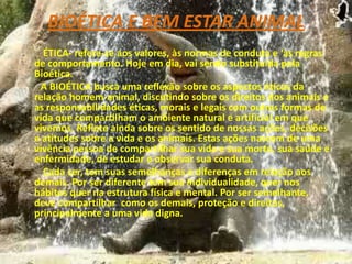BIOÉTICA E BEM ESTAR ANIMAL         ÉTICA- refere-se aos valores, às normas de conduta e ‘as regras de comportamento. Hoje em dia, vai sendo substituída pela Bioética.        A BIOÉTICA busca uma reflexão sobre os aspectos éticos da relação homem-animal, discutindo sobre os direitos dos animais e as responsabilidades éticas, morais e legais com outras formas de vida que compartilham o ambiente natural e artificial em que vivemos. Reflete ainda sobre os sentido de nossas ações, decisões e atitudes sobre a vida e os animais. Estas ações nascem de uma vivência pessoa de compartilhar sua vida e sua morte, sua saúde e enfermidade, de estudar e observar sua conduta.         Cada ser, tem suas semelhanças e diferenças em relação aos demais. Por ser diferente tem sua individualidade, quer nos hábitos quer na estrutura física e mental. Por ser semelhante, deve compartilhar  como os demais, proteção e direitos, principalmente a uma vida digna.