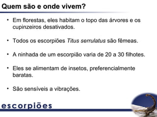 Quem são e onde vivem?
 • Em florestas, eles habitam o topo das árvores e os
   cupinzeiros desativados.

 • Todos os escorpiões Titus serrulatus são fêmeas.

 • A ninhada de um escorpião varia de 20 a 30 filhotes.

 • Eles se alimentam de insetos, preferencialmente
   baratas.

 • São sensíveis a vibrações.
 