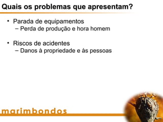 Quais os problemas que apresentam?
 • Parada de equipamentos
   – Perda de produção e hora homem

 • Riscos de acidentes
   – Danos à propriedade e às pessoas
 