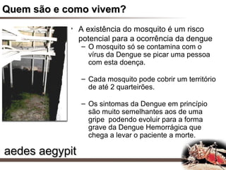 Quem são e como vivem?
           • A existência do mosquito é um risco
             potencial para a ocorrência da dengue
                – O mosquito só se contamina com o
                  vírus da Dengue se picar uma pessoa
                  com esta doença.

                – Cada mosquito pode cobrir um território
                  de até 2 quarteirões.

                – Os sintomas da Dengue em princípio
                  são muito semelhantes aos de uma
                  gripe podendo evoluir para a forma
                  grave da Dengue Hemorrágica que
                  chega a levar o paciente a morte.

aedes aegypit
 