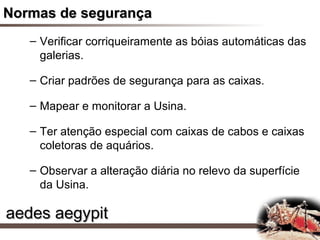 Normas de segurança
   – Verificar corriqueiramente as bóias automáticas das
     galerias.

   – Criar padrões de segurança para as caixas.

   – Mapear e monitorar a Usina.

   – Ter atenção especial com caixas de cabos e caixas
     coletoras de aquários.

   – Observar a alteração diária no relevo da superfície
     da Usina.

aedes aegypit
 