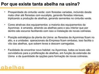 Por que existe tanta abelha na usina?
 •   Prosperidade do cinturão verde: com florestas variadas, incluindo desde
     mata ciliar até florestas com eucalipto, gerando floradas intensas,
     triplicando a produção de abelhas, gerando sementes no cinturão verde.

 •   Cores atrativas dos equipamentos: a maioria dos equipamentos da
     Açominas é amarela, atraindo as abelhas para o seu interior que por
     dentro são escuros facilitando com isso a instalação de novas colmeias.

 •   Posição estratégica da planta da Usina: as florestas da Açominas ficam no
     alto, e a unidades operacionais da Empresa ficam embaixo, isso facilita o
     vôo das abelhas, que sobem leves e descem carregadas.

 •   Facilidade de encontrar novo habitat: na Açominas, todos os locais são
     convidativos para a proliferação de abelhas, em função da extensão da
     Usina e da quantidade de opções para formação de novas colmeias.
 