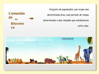 Comunidade Conjunto de populações, que ocupa uma determinada área, num período de tempo determinado e das relações que estabelecem entre elas. ou Biocenose 