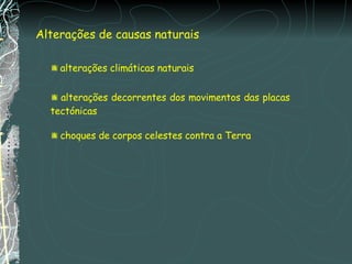 Alterações de causas naturais alterações climáticas naturais alterações decorrentes dos movimentos das placas tectónicas choques de corpos celestes contra a Terra 