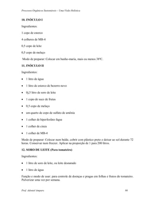 Processos Orgânicos Sustentáveis – Uma Visão Holística
Prof. Adoniel Amparo 80
10. INÓCULO I
Ingredientes:
1 copo de esterco
4 colheres de MB-4
0,5 copo de leite
0,5 copo de melaço
Modo de preparar: Colocar em banho-maria, mais ou menos 38ºC.
11. INÓCULO II
Ingredientes:
 1 litro de água
 1 litro de esterco de bezerro novo
 0j,5 litro de soro de leite
 1 copo de suco de frutas
 0,5 copo de melaço
 um quarto de copo de sulfato de amônia
 1 colher de hiperfosfato fagsa
 1 colher de cinza
 1 colher de MB-4
Modo de preparar: Colocar num balde, cobrir com plástico preto e deixar ao sol durante 72
horas. Conservar num freezer. Aplicar na proporção de 1 para 200 litros.
12. SORO DE LEITE (Para tomateiro)
Ingredientes:
 1 litro de soro de leite, ou leite desnatado
 1 litro de água
Função e modo de usar: para controle de doenças e pragas em folhas e frutos do tomateiro.
Pulverizar uma vez por semana.
 