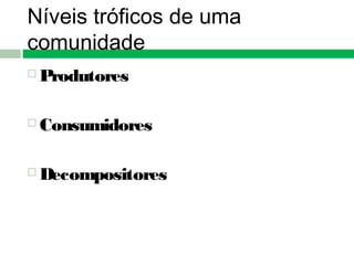 Níveis tróficos de uma
comunidade
 Produtores
 Consumidores
 Decompositores
 