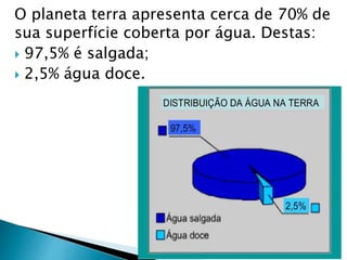 O planeta terra apresenta cerca de 70% de
sua superfície coberta por água. Destas:
 97,5% é salgada;
 2,5% água doce.
 