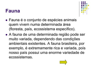 Fauna
   Fauna é o conjunto de espécies animais
    quem vivem numa determinada área
    (floresta, país, ecossistema específico).
   A fauna de uma determinada região pode ser
    muito variada, dependendo das condições
    ambientais existentes. A fauna brasileira, por
    exemplo, é extremamente rica e variada, pois
    nosso país possui uma enorme variedade de
    ecossistemas.
 