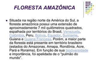 FLORESTA AMAZÔNICA

   Situada na região norte da América do Sul, a
    floresta amazônica possui uma extensão de
    aproximadamente 7 mil quilômetros quadrados,
    espalhada por territórios do Brasil, Venezuela,
    Colômbia, Peru, Bolívia, Equador, Suriname,
    Guiana e Guiana Francesa. Porém, a maior parte
    da floresta está presente em território brasileiro
    (estados do Amazonas, Amapa, Rondônia, Acre,
    Pará e Roraima). Em função de sua biodiversidade
    e importância, foi apelidada de o "pulmão do
    mundo".
 