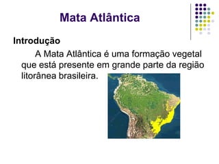 Mata Atlântica
Introdução
       A Mata Atlântica é uma formação vegetal
  que está presente em grande parte da região
  litorânea brasileira.
 