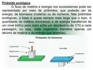 Pirâmide ecológica
      O fluxo de matéria e energia nos ecossistemas pode ser
representado por meio de pirâmides, que poderão ser de
energia, de biomassa (matéria) ou de números. Nas pirâmides
ecológicas, a base é quase sempre mais larga que o topo. A
quantidade de matéria (biomassa) e de energia transferível de
um nível trófico para outro sofre um decréscimo de 1/10 a cada
passagem, ou seja, cada organismo transfere apenas um
décimo da matéria e da energia que absorveu.
 