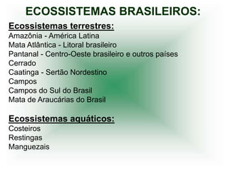 ECOSSISTEMAS BRASILEIROS:
Ecossistemas terrestres:
Amazônia - América Latina
Mata Atlântica - Litoral brasileiro
Pantanal - Centro-Oeste brasileiro e outros países
Cerrado
Caatinga - Sertão Nordestino
Campos
Campos do Sul do Brasil
Mata de Araucárias do Brasil

Ecossistemas aquáticos:
Costeiros
Restingas
Manguezais
 