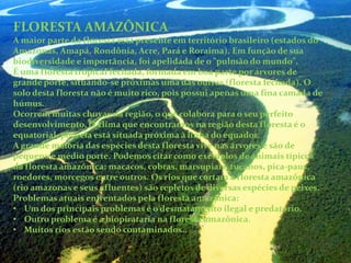 FLORESTA AMAZÔNICA
A maior parte da floresta está presente em território brasileiro (estados do
Amazonas, Amapá, Rondônia, Acre, Pará e Roraima). Em função de sua
biodiversidade e importância, foi apelidada de o "pulmão do mundo".
É uma floresta tropical fechada, formada em boa parte por árvores de
grande porte, situando-se próximas uma das outras (floresta fechada). O
solo desta floresta não é muito rico, pois possui apenas uma fina camada de
húmus.
Ocorrem muitas chuvas na região, o que colabora para o seu perfeito
desenvolvimento. O clima que encontramos na região desta floresta é o
equatorial, pois ela está situada próxima à linha do equador.
A grande maioria das espécies desta floresta vive nas árvores e são de
pequeno e médio porte. Podemos citar como exemplos de animais típicos
da floresta amazônica: macacos, cobras, marsupiais, tucanos, pica-paus,
roedores, morcegos entre outros. Os rios que cortam a floresta amazônica
(rio amazonas e seus afluentes) são repletos de diversas espécies de peixes.
Problemas atuais enfrentados pela floresta amazônica:
• Um dos principais problemas é o desmatamento ilegal e predatório.
• Outro problema é a biopirataria na floresta amazônica.
• Muitos rios estão sendo contaminados..
 
