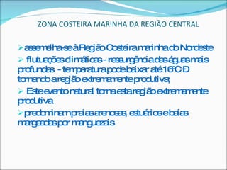 ZONA COSTEIRA MARINHA DA REGIÃO CENTRAL assemelha-se à Região Costeira marinha do Nordeste  flutuações climáticas - ressurgência das águas mais profundas  - temperatura pode baixar até 16ºC – tornando a região extremamente produtiva; Este evento natural torna esta região extremamente produtiva  predominam praias arenosas, estuários e baías margeadas por manguezais  