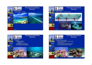7
Abril/2007
PrincipaisPrincipais EcossistemasEcossistemas
MarinhosMarinhos
RecifesRecifes dede CoraisCorais
•• RecifesRecifes NaturaisNaturais -- FormaFormaççãoão
Abril/2007
PrincipaisPrincipais EcossistemasEcossistemas
MarinhosMarinhos
RecifesRecifes dede CoraisCorais
•• RecifesRecifes NaturaisNaturais –– FormaFormaççãoão dosdos atatóóisis
Abril/2007
PrincipaisPrincipais EcossistemasEcossistemas
MarinhosMarinhos
RecifesRecifes dede CoraisCorais
•• FormaFormaççãoão
–– DeposiDeposiççãoão ququíímicamica
•• DepDepóósitosito dede CarbonatosCarbonatos
•• BiodeposiBiodeposiççãoão
–– ZooxanteladosZooxantelados ((hermathermatíípicospicos););
–– AzooxanteladosAzooxantelados ((ahermatahermatíípicospicos).).
Abril/2007
PrincipaisPrincipais EcossistemasEcossistemas
MarinhosMarinhos
RecifesRecifes dede CoraisCorais
•• BioerosãoBioerosão ee bioconstrubioconstruççãoão
–– COCO22; Ca(HCO; Ca(HCO33))22 CaCOCaCO33 + H+ H22COCO33 ;; pH;pH;
–– HidrodinamicaHidrodinamica ee luzluz
–– FormasFormas macimaciççasas ee remificadasremificadas espessasespessas;;
–– FormasFormas ramificadasramificadas finasfinas ee folifoliááceasceas..
 