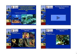 8
Abril/2007
ConseqConseqüüências Evidentes doências Evidentes do
Aquecimento Global eAquecimento Global e
aumento da concentraaumento da concentraçção deão de
COCO22
•• Temperatura e pH (Temperatura e pH (““clareamentoclareamento””))
Abril/2007
PrincipaisPrincipais EcossistemasEcossistemas
MarinhosMarinhos
Abril/2007
PrincipaisPrincipais EcossistemasEcossistemas
MarinhosMarinhos
RecifesRecifes dede CoraisCorais
•• EstratEstratéégiasgias reprodutivasreprodutivas
Abril/2007
PrincipaisPrincipais EcossistemasEcossistemas
MarinhosMarinhos
RecifesRecifes dede CoraisCorais
•• EstratEstratéégiasgias reprodutivasreprodutivas
 