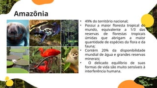 Amazônia
• 49% do território nacional;
• Possui a maior ­
floresta tropical do
mundo, equivalente a 1/3 das
reservas de ­
florestas tropicais
úmidas que abrigam a maior
quantidade de espécies da ­
flora e da
fauna;
• Contém 20% da disponibilidade
mundial de água e grandes reservas
minerais;
• O delicado equilíbrio de suas
formas de vida são muito sensíveis à
interferência humana.
 