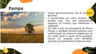 Pampa
• Ocupa aproximadamente 2% do Território
Nacional;
• É caracterizado por clima chuvoso, sem
período seco, mas com temperaturas
negativas no inverno, que in­
fluenciam a
vegetação;
• Em toda a área de abrangência do Bioma
Pampa, a atividade humana propiciou uma
uniformização da cobertura vegetal que de
um modo geral é usada como pastagem
natural ou ocupada com atividades
agrícolas, principalmente o cultivo do arroz.
 