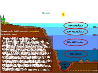 Entre 1000 e 4000 m de 
profundidade. Águas com 
escuridão total ; águas com 
grande pressão e baixa 
temperaturas. Ocorrem 
organismos dotados de 
bioluminescências (produzir luz 
através de processos bioquímicos), 
embora haja bem menos animais. 
São De fossas 200 a 1000 oceânicas m de 
com 
profundidades profundidade. acima Quanto de à 
6000 m. 
pouco luminosidade, se conhece alguns dessa autores 
área, mas 
foram dividem-registradas na em áreas pressões 
disfótica 
hidrostáticas (pouca luz ; da até ordem 300 m) de e afótica 
600 
atm, (escura; muita abaixo escuridão, de 300 frio m). e 
À 
presença medida que de algumas se aprofunda, espécies 
as 
altamente águas ficam adaptadas mais calmas a essas 
e frias 
condições. 
(até estabilizar). 
Entre A luz 4000 penetra e 6000 nessa m de 
zona até 
profundidade. uns 200 m (zona Escuridão fótica), total, 
além 
tremenda disso, há pressão maior concentração 
hidrostática 
(mais O2, de CO2 300 e atm); minerais. águas Tais 
paradas e 
frias condições (abaixo favorecem de 5°C) e presença a 
de 
seres fotossíntese adaptados e o a crescimento 
viver sob grandes 
pressões, de algas sendo (base que nas alguns cadeias 
tem 
bioluminescência. 
alimentares) 
 