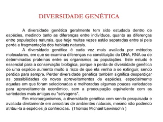 DIVERSIDADE GENÉTICA
A diversidade genética geralmente tem sido estudada dentro de
espécies, medindo tanto as diferenças entre indivíduos, quanto as diferenças
entre populações naturais, que hoje muitas vezes estão separadas entre si pela
perda e fragmentação dos habitats naturais.
A diversidade genética é cada vez mais avaliada por métodos
moleculares, em que se examina diferenças na constituição do DNA, RNA ou de
determinadas proteínas entre os organismos ou populações. Este estudo é
essencial para a conservação biológica, porque a perda de diversidade genética
de uma espécie aumenta muito o risco de que ela venha a se extinguir, sendo
perdida para sempre. Perder diversidade genética também significa desperdiçar
as possibilidades de novos aproveitamentos de espécies, especialmente
aquelas em que foram selecionadas e melhoradas algumas poucas variedades
para aproveitamento econômico, sem a preocupação equivalente com as
variedades mais antigas ou "selvagens".
Em microorganismos, a diversidade genética vem sendo pesquisada e
avaliada diretamente em amostras de ambientes naturais, mesmo não podendo
atribuí-la a espécies já conhecidas. (Thomas Michael Lewinsohn )
 