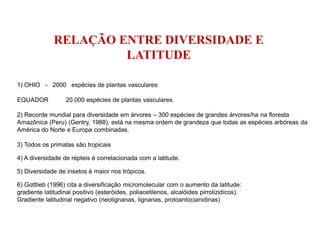 1) OHIO - 2000 espécies de plantas vasculares
EQUADOR 20.000 espécies de plantas vasculares.
2) Recorde mundial para diversidade em árvores – 300 espécies de grandes árvores/ha na floresta
Amazônica (Peru) (Gentry, 1988), está na mesma ordem de grandeza que todas as espécies arbóreas da
América do Norte e Europa combinadas.
3) Todos os primatas são tropicais
4) A diversidade de répteis é correlacionada com a latitude.
5) Diversidade de insetos é maior nos trópicos.
6) Gottlieb (1996) cita a diversificação micromolecular com o aumento da latitude:
gradiente latitudinal positivo (esteróides, poliacetilenos, alcalóides pirrolizidícos).
Gradiente latitudinal negativo (neolignanas, lignanas, protoantocianidinas)
RELAÇÃO ENTRE DIVERSIDADE E
LATITUDE
 