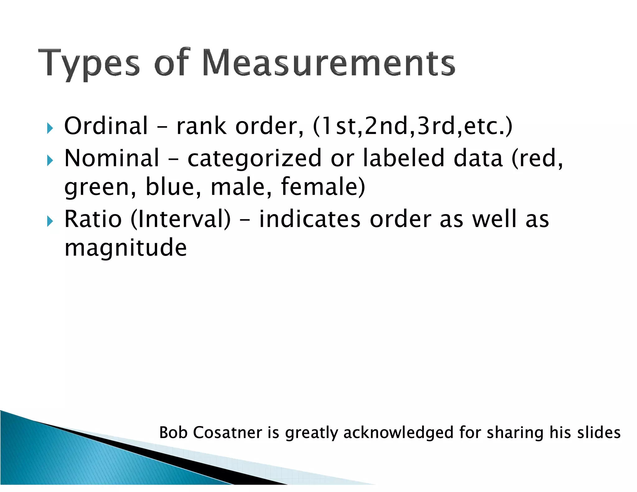    Ordinal – rank order, (1st,2nd,3rd,etc.)
   Nominal – categorized or labeled data (red,
    green, blue, male, female)
   Ratio (Interval) – indicates order as well as
    magnitude




            Bob Cosatner is greatly acknowledged for sharing his slides
 