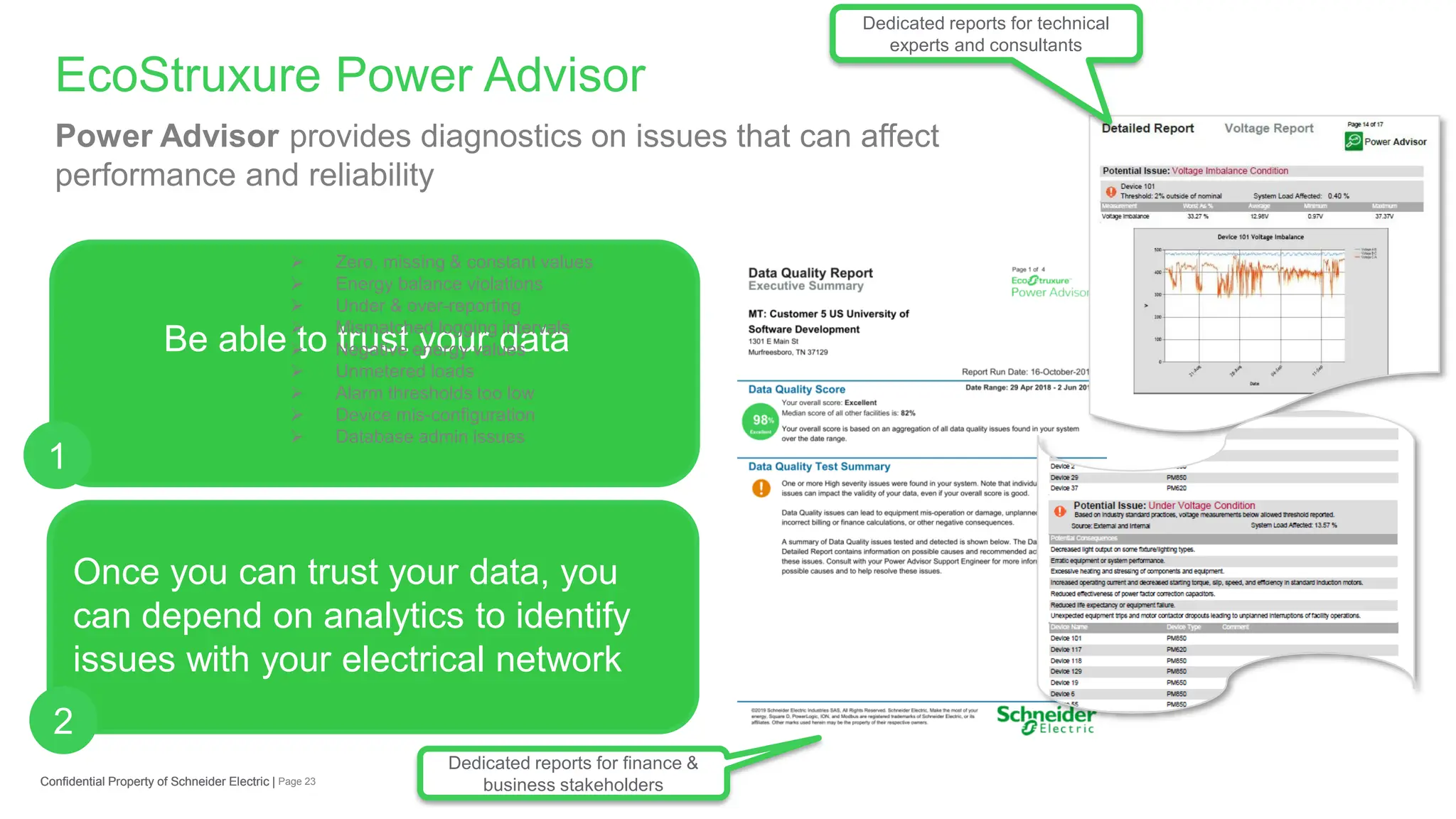 Page 23
Confidential Property of Schneider Electric |
EcoStruxure Power Advisor
Confidential Property of Schneider Electric |
Power Advisor provides diagnostics on issues that can affect
performance and reliability
➢ Reduced energy costs due to detection of low
power factor & harmonics
➢ Reduced risk of premature aging, outages &
fire due to
• Excessive voltage harmonics
• Over, Under & Imbalance voltage
conditions
• Transformer overcapacity
Once you can trust your data, you
can depend on analytics to identify
issues with your electrical network
Be able to trust your data
2
1
Dedicated reports for finance &
business stakeholders
Dedicated reports for technical
experts and consultants
➢ Zero, missing & constant values
➢ Energy balance violations
➢ Under & over-reporting
➢ Mismatched logging intervals
➢ Negative energy values
➢ Unmetered loads
➢ Alarm thresholds too low
➢ Device mis-configuration
➢ Database admin issues
 