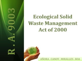 R . A. 9003 Ecological Solid Waste Management Act of 2000 AŇORA . CANOY . MIRALLES . ROA 